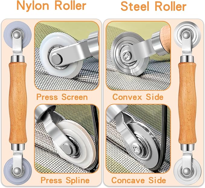 King&Charles Window Screen Door Repair/Replacement Kit, Include Gray Screen Mesh 48"x118"+ 2 Roller+50Ft Spline+8Clips+Hook, 6 in 1 Window Mesh Kit, Steel/Nylon Bearing Roller