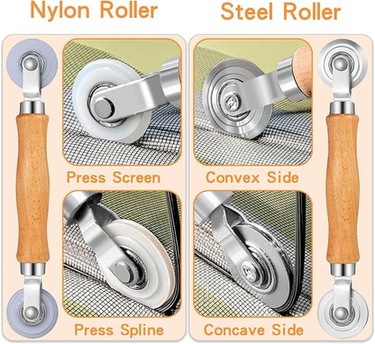King&Charles Window Screen Door Repair/Replacement Kit, Include Gray Screen Mesh 48"x118"+ 2 Roller+50Ft Spline+8Clips+Hook, 6 in 1 Window Mesh Kit, Steel/Nylon Bearing Roller