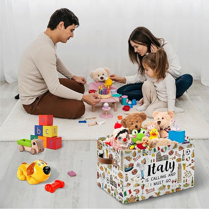 Italy Rectangle Storage Basket - Italy Themed Collection Collapsible Storage Baskets with Handles - Italian Toy Bin - Italian Souvenirs Storages Bin for Kids Clothes, Gifts, Books