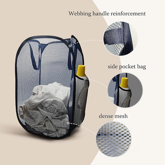 The upgraded pop-up laundry basket features a breathable side pocket mesh design, making it ideal for rooms, apartments, dormitories, travel, business trips, and children's storage(2, Dark blue)