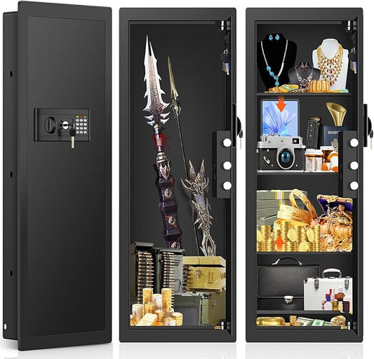 39.4" Tall Fireproof Wall Safes Between the Studs 16" Center, Hidden In Wall Safe with Electronic Keypad, 3 Removable Shelf & Silent Mode, Heavy Duty Wall Mount Safe for Cash Jewelry Passport Document
