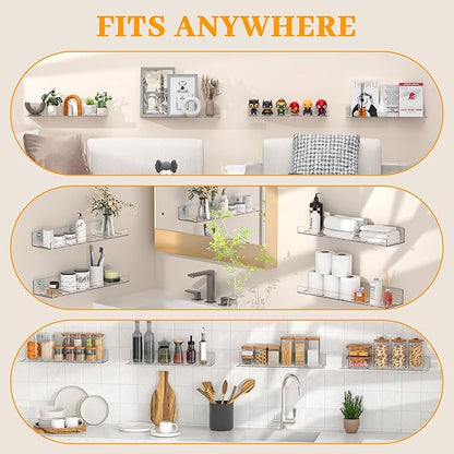 8 Pack Floating Shelves - Clear Acrylic/PET Wall Mounted Non-Drilling Storage Rack with Adhesive, Invisible Bathroom and Bedroom Shelves for Kitchen, Living Room, Clear Decoration