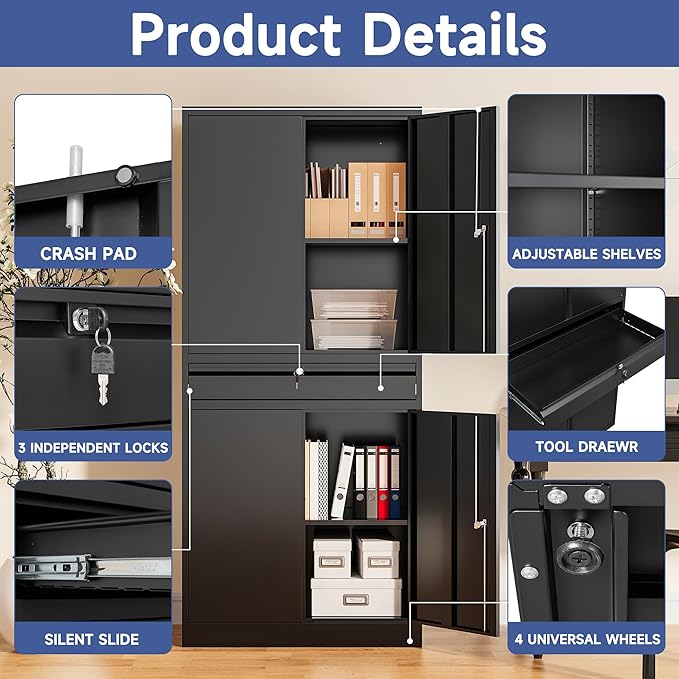 Metal Garage Storage Cabinet, 71" Lockable Storage Cabinet with 2 Adjustable Shelves and 1 Drawer for Garage, Utility Room, Warehouse (Black)