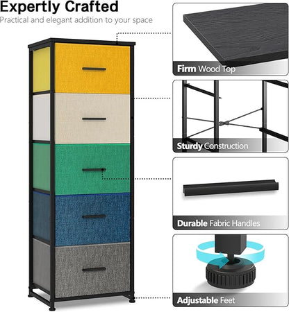 Dresser with 5-Drawer, Tall Fabric Storage Tower for Closet, Colorful Organizer Unit for Bedroom, Categorized Storage by Colors, Easy Pull Fabric Bins (Colourful)