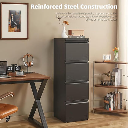 Metal File Cabinet with Lock, Vertical 4 Drawer File Cabinets for Home Office, Heavy Duty Office Storage Cabinet for A4/Letter/Legal Size, Assembly Required(Black)