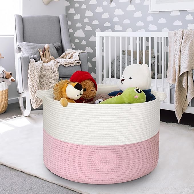 115L Pink Basket for Organizing, 23.6“x15.7" XXXL Blanket Storage for Living Room, Extra Large Toy Box, Soft Woven Cotton Rope Bin, Decorative Baby Nursery Basket, Girls Pink Room Decor