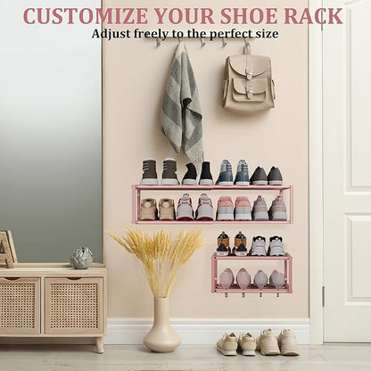 Expandable Wall Mounted Shoe Rack, 17"-31" Adjustable Hanging Shoe Rack Holds 8 Pairs, Heavy Duty Metal Shoe Holder with 2 Storage Hooks, Space Saving for Entryway Closet Doorway（Pink）