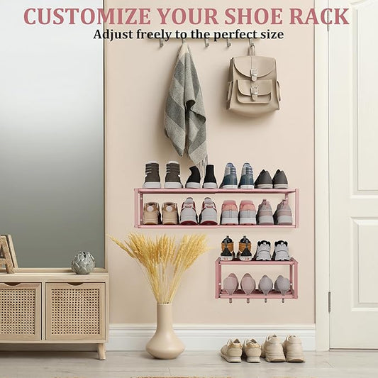 Expandable Wall Mounted Shoe Rack, 17"-31" Adjustable Hanging Shoe Rack Holds 8 Pairs, Heavy Duty Metal Shoe Holder with 2 Storage Hooks, Space Saving for Entryway Closet Doorway（Pink）
