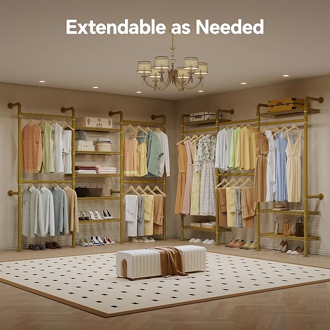 W3 Wall Mounted Closet System, Expandable Industrial Pipe Clothes Rack Clothing Rack for Hanging Clothes, Heavy Duty Garment Rack Closet Organizers and Storage Reach in Closet, Gold