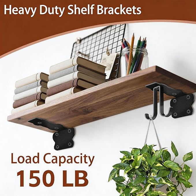 5 Inch Black Shelf Brackets, Floating Shelf Bracket with 4 Detachable Hooks, Wall Mounted, Supports Up to 150 lbs, Iron Metal L Bracket for DIY Storage