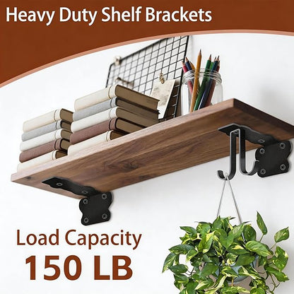 5 Inch Black Shelf Brackets, Floating Shelf Bracket with 4 Detachable Hooks, Wall Mounted, Supports Up to 150 lbs, Iron Metal L Bracket for DIY Storage