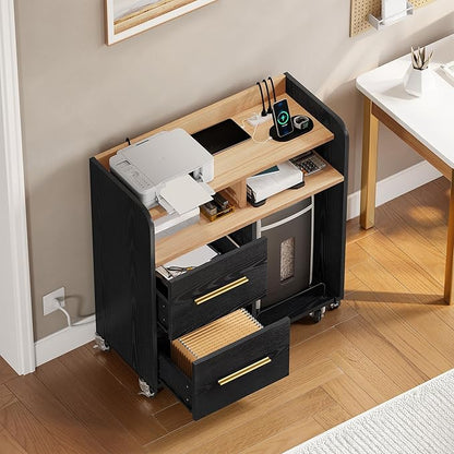YITAHOME File Cabinet with Charging Station, Printer Table Cabinet for Home Office, Printer Stand Cart, Fits A4, Letter, Legal Size Files, Office Furniture, Black