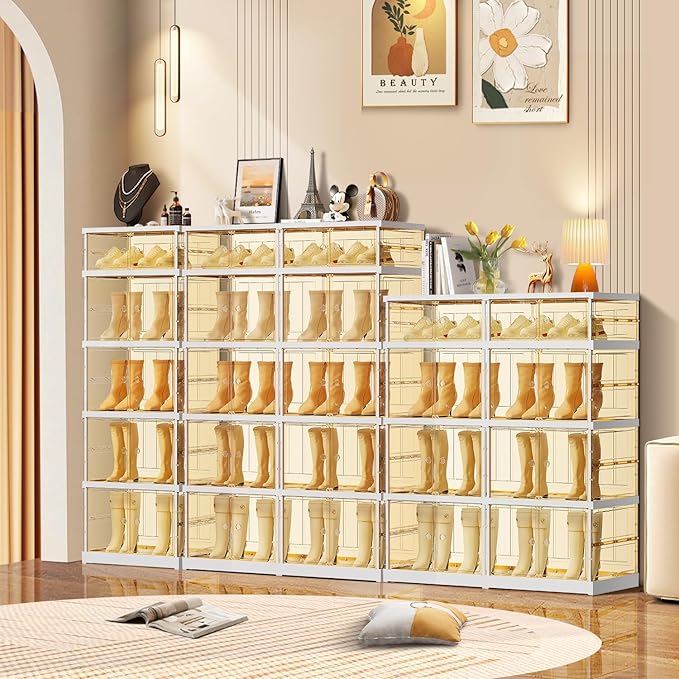 5-Tier Foldable Shoe Rack for Closet Entryway 10-20Pairs,Stackable Clear Shoe Storage Boxes Organizer with Door Plastic Shoe Cabinet Bins with Lids Shoes Shelf Easy Assembly Large