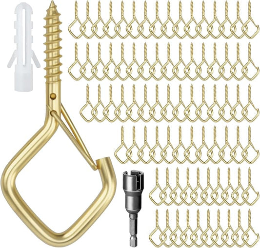 80 Pcs Outdoor Hooks for String Lights,Screw Hooks for Hanging Plants,Ceiling Hooks with Safety Buckle,Square Hanger for Wind Chimes,Bird Feeder,Lanterns,Christmas Decorations Gold