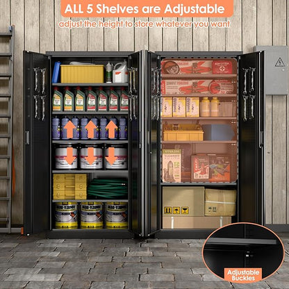 Lockable Garage Storage Cabinet with 5 Adjustable Shelves, 71" H Black Metal Storage Cabinet with 2 Pegboard Doos for Garage, Home, Assembly Required, Black