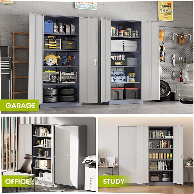 Greenvelly Metal Lockable Storage Cabinet, 72” Storage Cabinet with 2 Doors and 4 Adjustable Shelves for Office, Home, Garage, Pantry (Assembly Required, Grey White)