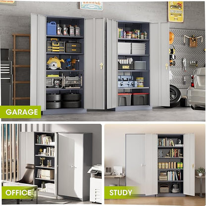 Greenvelly Metal Lockable Storage Cabinet, 72” Storage Cabinet with 2 Doors and 4 Adjustable Shelves for Office, Home, Garage, Pantry (Assembly Required, Grey White)