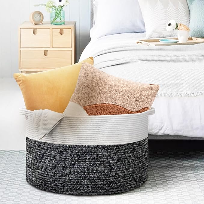Large Throw Blanket Basket, 22" X 22" X 14" XXXL Blanket Holder for Living Room, Big Wicker Baskets for Storage, Woven Cotton Rope Kids Toy Box, Throw Pillow Holder Organizer Bin