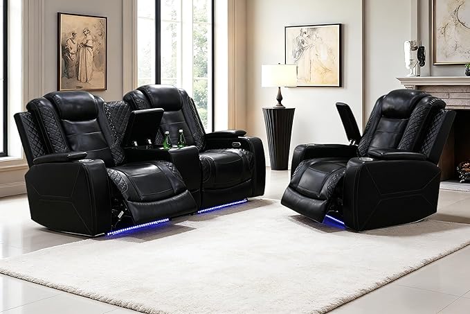 Power Recliner Sofa Set with LED, Leather Reclining Sofa Set Living Room Furniture Set, 2PCS Recliner Loveseat & Chair Sets with Smart Charging Pad,Cup Holders for Home/Office
