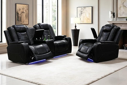 Power Recliner Sofa Set with LED, Leather Reclining Sofa Set Living Room Furniture Set, 2PCS Recliner Loveseat & Chair Sets with Smart Charging Pad,Cup Holders for Home/Office
