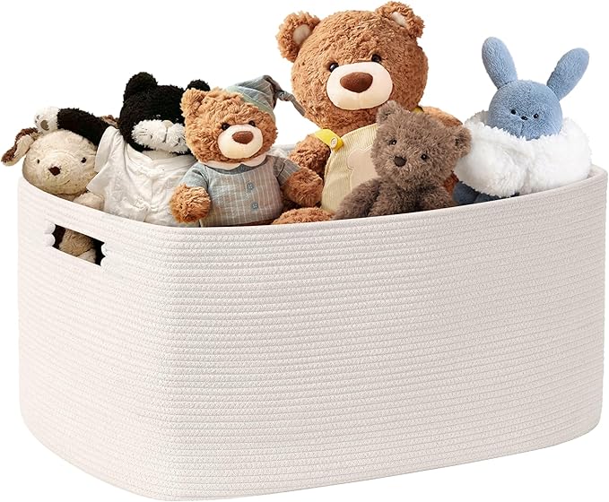 72L Large Baby Girls Laundry Basket for Nursery Storage,Cute Woven cotton Rope Baskets for Kids Toy，Gifts,Boho Square Wicker Blanket hamper for Living Room,Bedroom Dirty Clothes, White