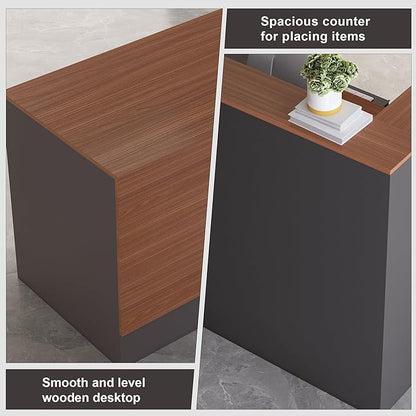 L-Shaped Reception Desk with Lockable Drawers, Adjustable File Cabinet & Keyboard Tray, Modern Front Counter for Office, Salon, or Lobby (Right-L Walnut/Slate Gray, 86.6''L x 23.6''W x 41.3''H)