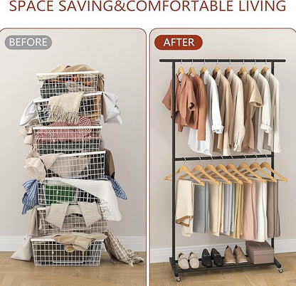 Sywhitta Double Rod Clothing Garment Rack, Rolling Coat Hanger with Bottom Mesh, Clothing Rack for Hanging Clothes, Coats, Skirts, Sweaters, Black