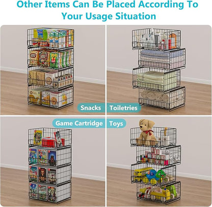 4-Tier Sliding Closet Organizers and Storage Shelves, Stackable Closet Shelf Organizer Basket Bins, Drawer Shelf Storage Container for Wardrobe Cupboard Kitchen Bathroom Office, Black