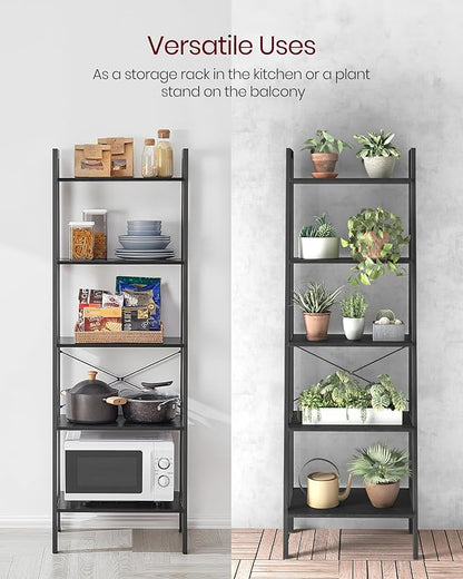 VASAGLE Ladder Shelf, 5-Tier Bookshelf, Storage Rack, Bookcase with Steel Frame, for Living Room, Home Office, Kitchen, Bedroom, Industrial Style, Ebony Black and Ink Black ULLS045B56