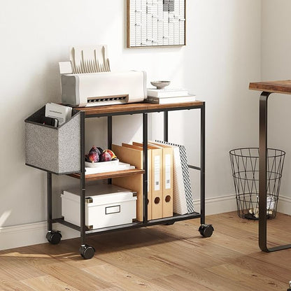 Printer Stand with Storage Bag, 3-Tier Mobile Under Desk Printer Cart with Wheels, Wood Rolling Printer Table, Organizer Shelf for Study, Office, Living Room, Rustic Brown PTHR2201