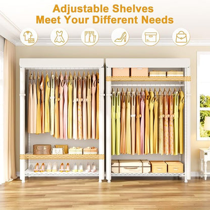 H5C Plus Clothes Rack with Cover, Portable Closet for Hanging Clothes, Covered Clothing Racks Heavy Duty, 3-Tiers Garment Rack with Shelves Max Load 370LBS White Closet Rack with White Cover