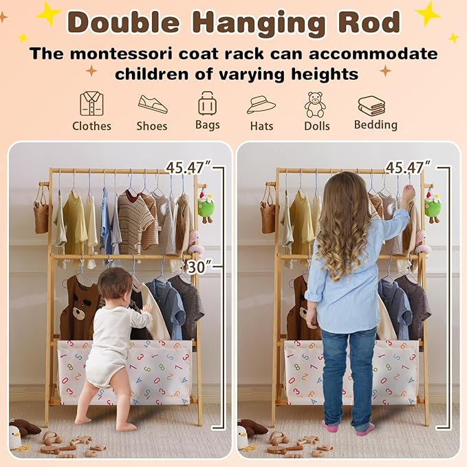 Kids Clothing Rrack- Kids Dress Up Rack for Little Girls, Bamboo Kids Clothes Rack, Toddler Dress Up Storage Rack & Folding Costume Rack, Double Rods, Pets Clothes Rack with Storage, Number
