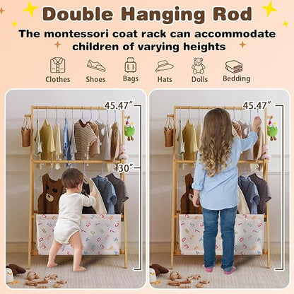 Kids Clothing Rrack- Kids Dress Up Rack for Little Girls, Bamboo Kids Clothes Rack, Toddler Dress Up Storage Rack & Folding Costume Rack, Double Rods, Pets Clothes Rack with Storage, Number