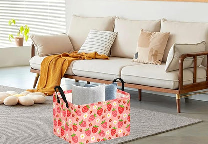 KUNRO Rectang Storage Basket Gift Shelf Basket Storage Bin, Nursery Basket Organizer Box for With Handles for Room Deco (Strawberry)