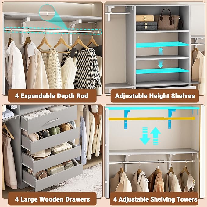Aheaplus Closet System with Drawers Set of 2, Wood Closet Organizer System with 8 Hanging Rods & Top Shelves, Walk-in Closets Organizer Wardrobe Clothes Rack System, Cut Fits Spaces 4-9FT. Wide, Grey1