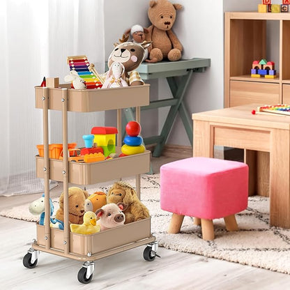 Simple Houseware 3-Tier Compact Utility Rolling Cart, Low 24” Height Fits Under Desk, Space-Saving Storage for Home Office, Dining Room, or Kitchen, Khaki