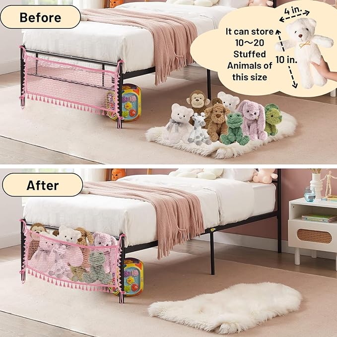 2 Pack Stuffed Animal Hammock, Bedside Stuffed Animal Storage Net Corner - Kids Nursery Wall Bedroom Home Decor, Cotton Bedside Toy Organizer Net with Tether, Stretches up to 36 In, Pink