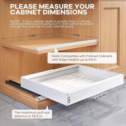 1 Pack Expandable Pull Out Cabinet Organizer 21" Deep with Raising Pad for Framed Cabinets,Upgrade 3 Slide Rails Slide Out Drawers,Roll Out Shelves Adhesive,Adjustable Width 12.05"-20.4"White