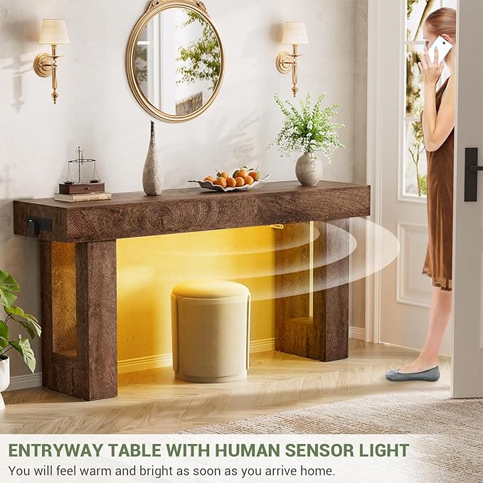 Unikito 63'' Farmhouse Console Table with Power Outlets and Sensor Light, Wooden Entryway Table with Storage, Rectangular Sofa Tables Behind The Couch for Entrance, Hallway, Living Room,