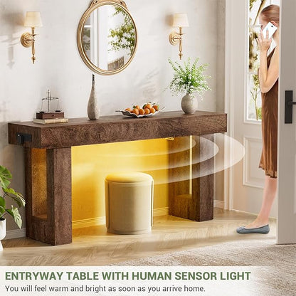 Unikito 63'' Farmhouse Console Table with Power Outlets and Sensor Light, Wooden Entryway Table with Storage, Rectangular Sofa Tables Behind The Couch for Entrance, Hallway, Living Room,