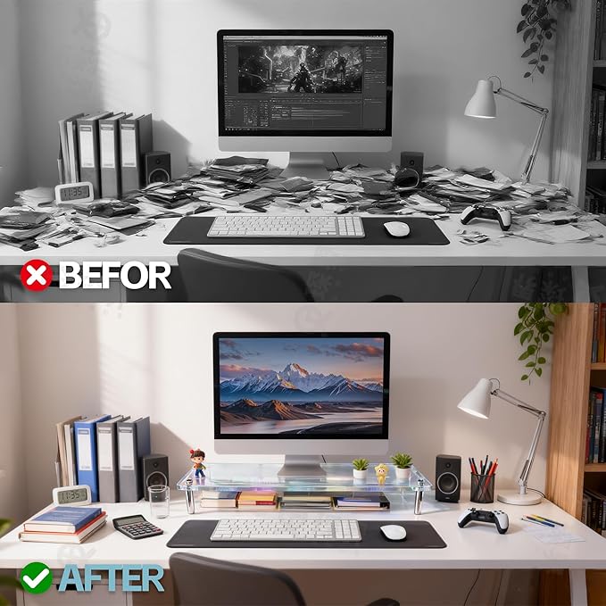 Acrylic Monitor Stand with RGB Lights, Music Sync Desk Riser with App & Button Control, Office Desktop Organizer for Gaming Setup and Home Office, Computer, Laptop, Printer, 23.6 Inch