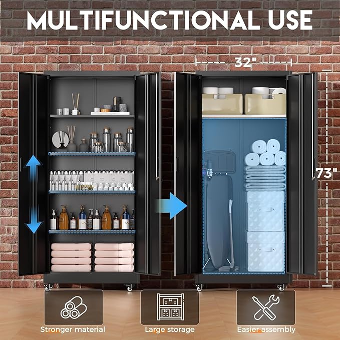 Greenvelly 73" Storage Cabinet with Wheels, Rolling Metal Cabinet with Locking Doors and Adjustable Shelves, Steel Tool Cabinet for Home Office, Garage, Warehouse, Black(32" W x 16" D)
