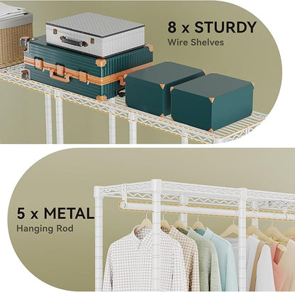 H5 Extra Large Heavy Duty Clothes Rack, Wire Garment Rack, Freestanding Clothing Rack for Hanging Clothes, Wardrobe Closet with Adjustable Shelf, 93.3" Wx15.7 Dx75.4 H, White, Load 1400 lbs