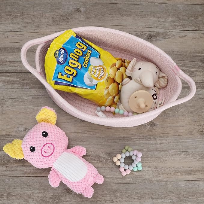 Small Woven Basket Cute Oval Cotton Rope Gifts Basket with Handle Empty Baby Wicker Storage Basket nursery Box Bin kids organizer Cat Dog toy basket Easter Basket light pink
