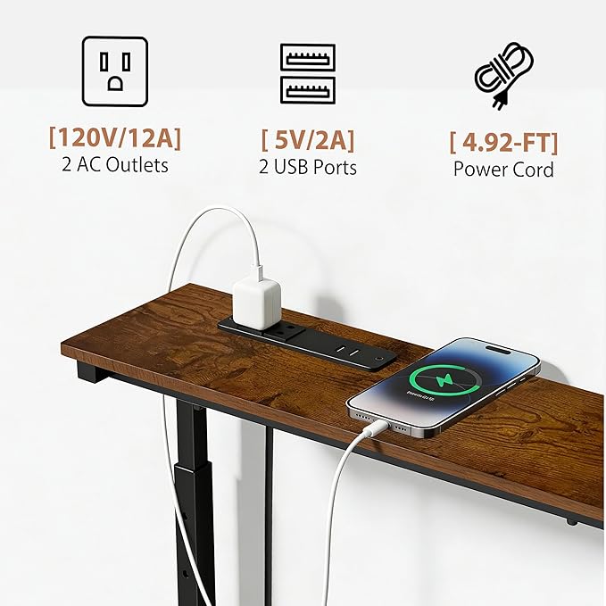 GRLEAF 2 Pack Adjustable Height Narrow Console Table with Power Outlets, 70" Long Sofa Table with Charging Station Behind Couch Table Entryway Table for Living Room and Hallway – Rustic Brown