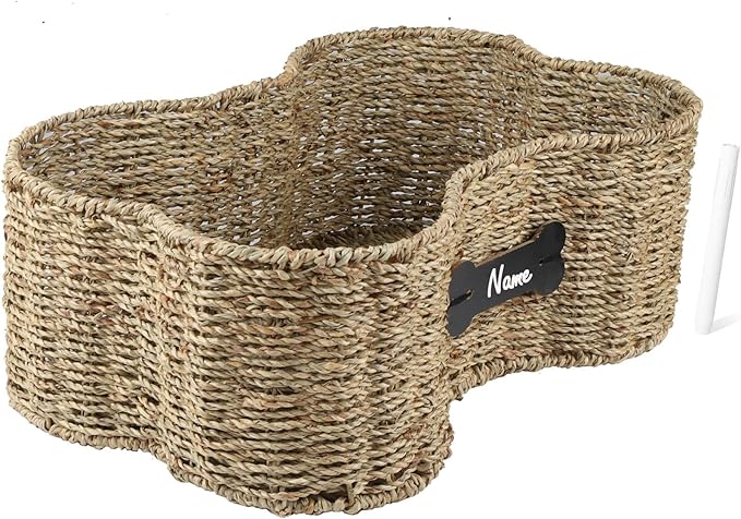 Personalized Dog Toy Bin - Bone Shape Dog Toys Storage & Organizer Boxes for Living Room - Handmade Seagrass Basket