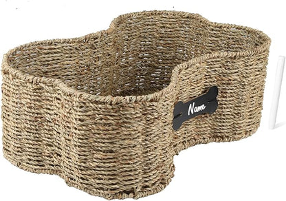 Personalized Dog Toy Bin - Bone Shape Dog Toys Storage & Organizer Boxes for Living Room - Handmade Seagrass Basket