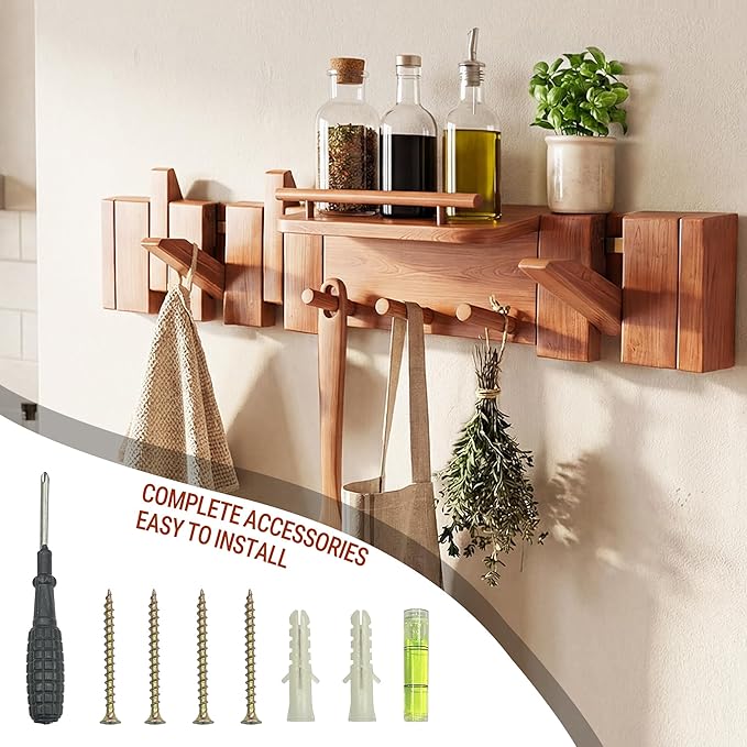 Mid Century Modern Walnut Foldable Entryway Wall Coat Hanger Hook with Shelf,Heavy Duty Wooden Piano Hidden Towel Hooks for Bathroom,Wall Rack for Purse&Key&Mail,Home Decor (Walnut, 7 Hooks)