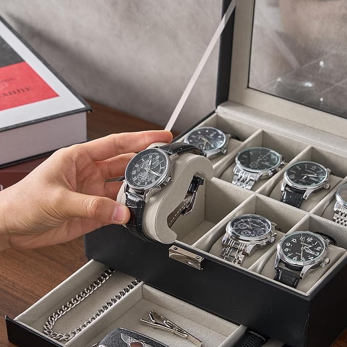 ProCase Watch Box, 8 Slot Watches Display Case with Drawer, Mens Watch Case with Glass Lid, 2-Layer Mens Jewelry Organizer Storage Holder, Birthday Valentine Gifts for Men -8 Slot, Black