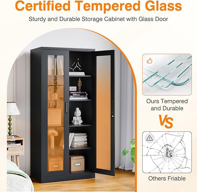 Glass Display Cabinet with 4 Adjustable Shelves, 71" Tall Curio Cabine with Tempered Glass Door, Liquor Cabinet with Lock, 5-Tier Bookcase Storage Cabinet for Home, Study, Living Room (Black)